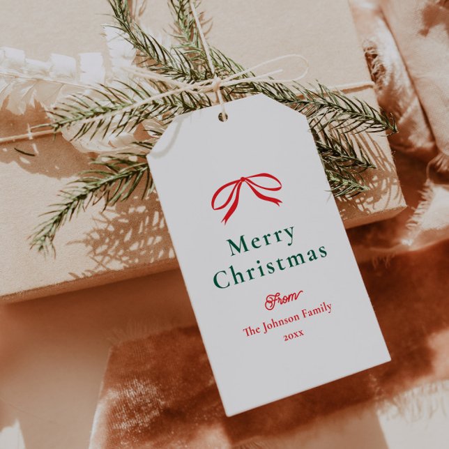 Etiqueta Para Presente Feriado de Natal simples do Arco vermelho (Elegant red and green simple bow Christmas Gift Tag.)