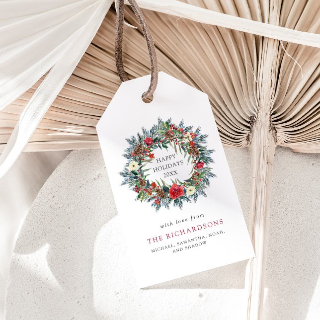 Etiqueta Para Presente Feriado de Natal Vermelho e Pine Wreath (Red Christmas berries and a holiday pine floral wreath)
