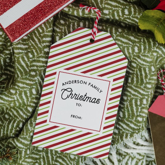 Etiqueta Para Presente Feriado de Stripes Diagonais Vermelhas e Verdes (Criador carregado)