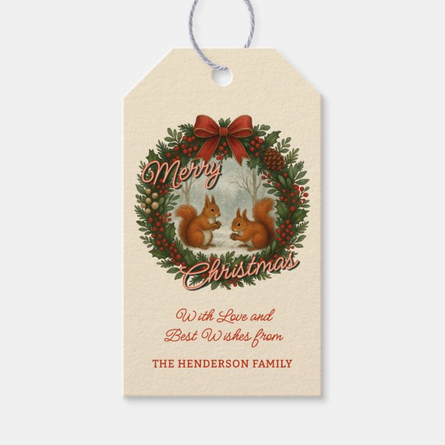 Etiqueta Para Presente Feriado em Inglês Retroativo Com Esquilos Cutos (Frente)