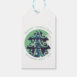 Etiqueta Para Presente Feriados da família das árvores de Natal verdes e 