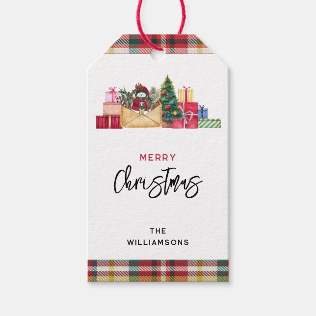 Etiqueta Para Presente Feriados Vermelhos da Família de Xadrezes Trendy (Frente)