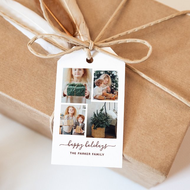 Etiqueta Para Presente Férias Felizes | Colagem de Fotografias Moderna (A modern four-photo grid gift tag that says "happy holidays")