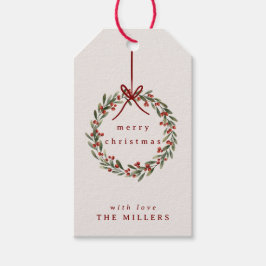 Etiqueta Para Presente Ferida foliar de Natal com arco vermelho