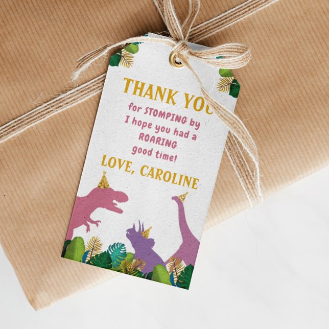 Etiqueta Para Presente Festa de aniversário Dinossauro Garota Obrigado (Criador carregado)