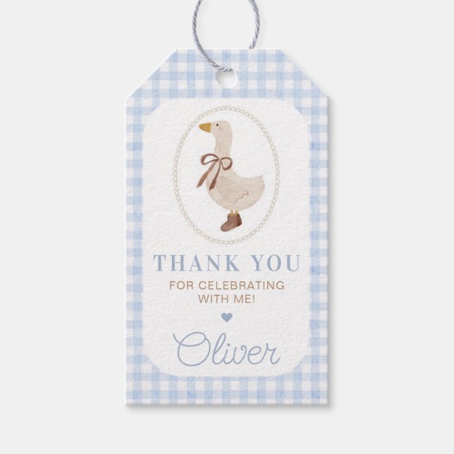Etiqueta Para Presente Festa de aniversário Gingham Azul bobo (Frente)
