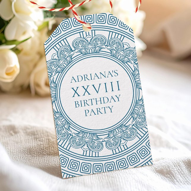Etiqueta Para Presente Festa de aniversário grega com toga com design azu (Criador carregado)