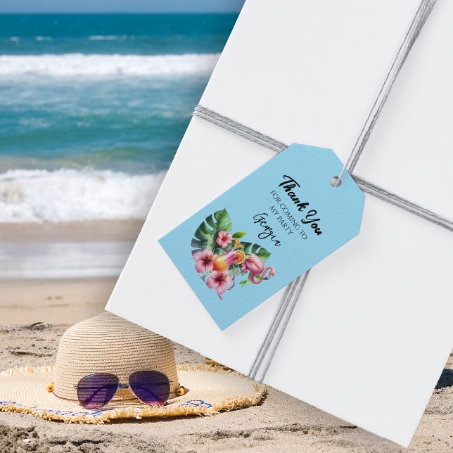 Etiqueta Para Presente Festa de aniversário Tropical Flamingo (Tropical Flamingo Birthday Party Gift Tags.  Celebrate your birthday with some beach vibes.)