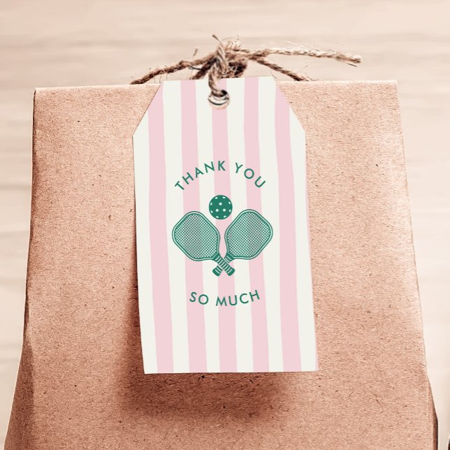 Etiqueta Para Presente Festa de aniversário Verde-Rosa-Piceball Obrigado (thank you gift tags with pickleball design, preppy pink stripes)