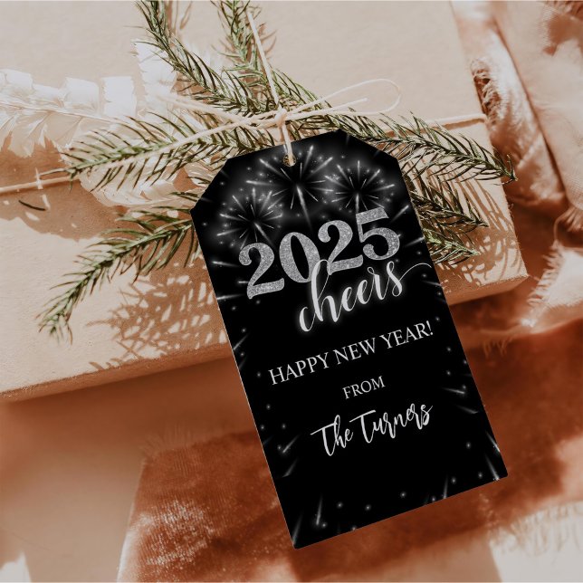 Etiqueta Para Presente Festa de Ano Novo Prata & Preto (Criador carregado)