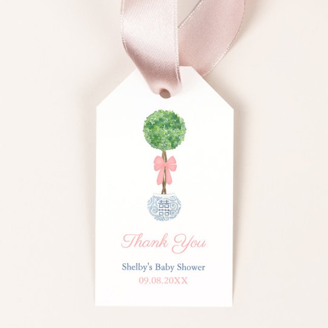 Etiqueta Para Presente Festa de Chá Clássica de Menina Obrigado (Preppy boxwood topiary with pink bow little girl baby shower favor tags)