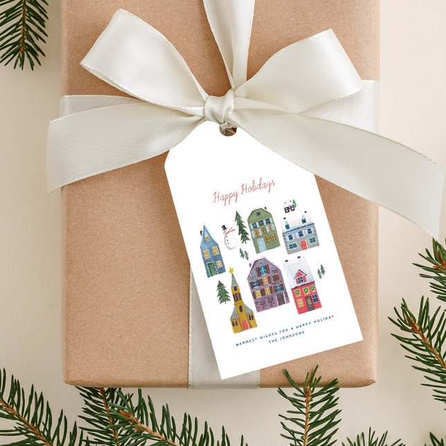 Etiqueta Para Presente Festa de inverno na Vila da Vila (Cute Winter House Village Scene Christmas Gift Tags)