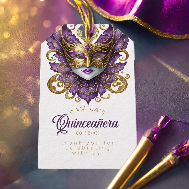 Etiqueta Para Presente Festa de Máscaras Quinceanera Roxo Dourado ID1031 (Criador carregado)