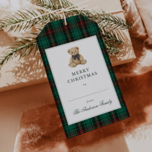 Etiqueta Para Presente Festa de Natal do Urso de Pelúcia Xadrez Verde