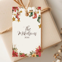 Etiqueta Para Presente Festa de Natal Rustic Stockand Poinsettias