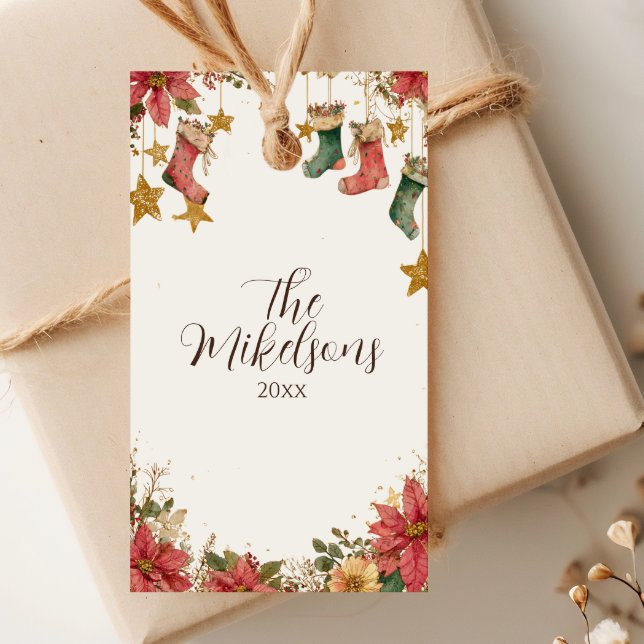 Etiqueta Para Presente Festa de Natal Rustic Stockand Poinsettias (Criador carregado)
