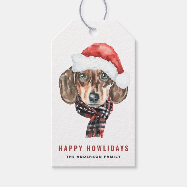 Etiqueta Para Presente Festivo Aquarela Papais noeis Dachshund Natal (Frente)