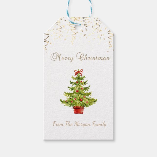 Etiqueta Para Presente Festivo Confetti, Árvore de Natal Aquarela (Frente)
