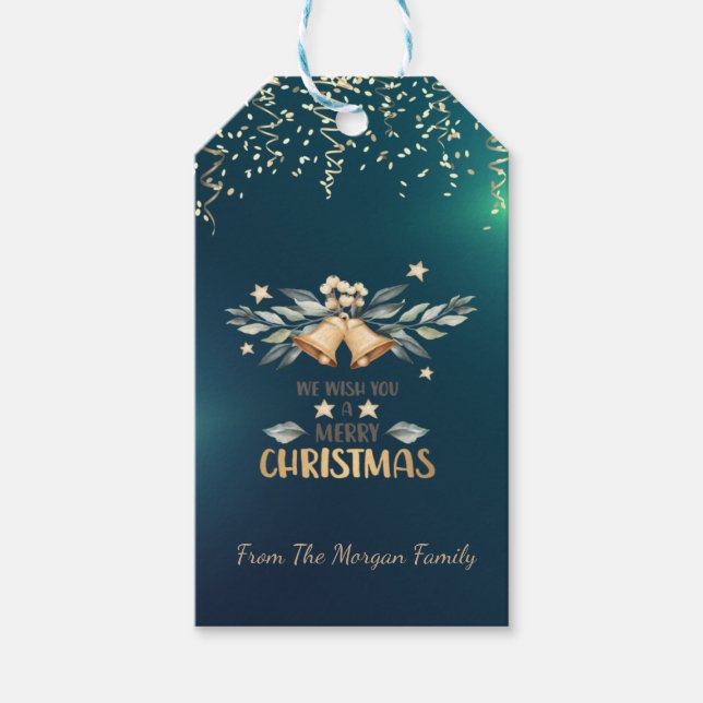 Etiqueta Para Presente Festivo Confetti, Sinos De Natal, Verde (Frente)