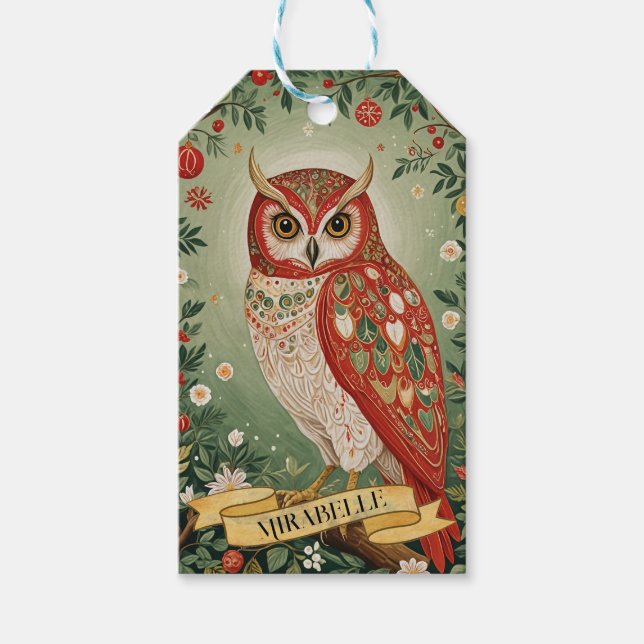 Etiqueta Para Presente Festivo Foliage Owl Personalizado (Frente)