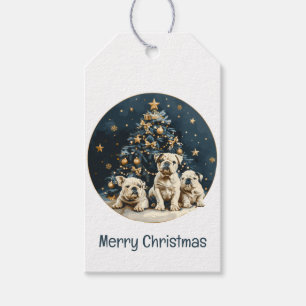 Etiqueta Para Presente Filhotes de Bulldog Inglês na Árvore de Natal