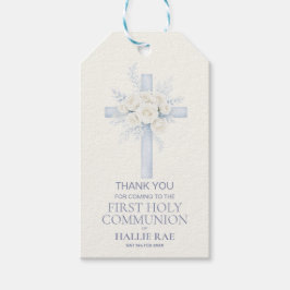 Etiqueta Para Presente First Holy Communion Favor Tag, Blue Floral Cross