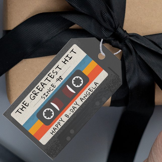Etiqueta Para Presente Fita Cassete Retro de Grandes Sucessos Aniversário (vintage retro cassette tape birthday party gift tag)