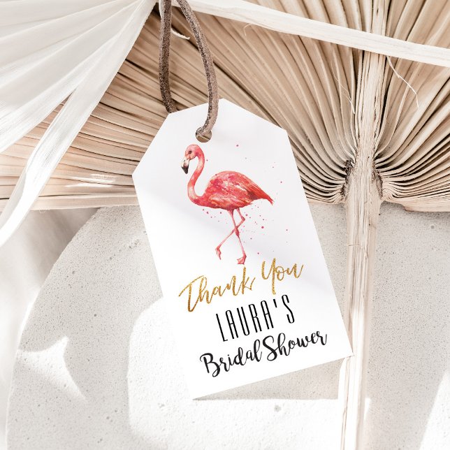Etiqueta Para Presente Flamingo Dourado de Aquarela | CHÁ DE PANELA (Pink watercolor flamingo thank you bridal shower gift tag for party favors for the bride-to-be.)