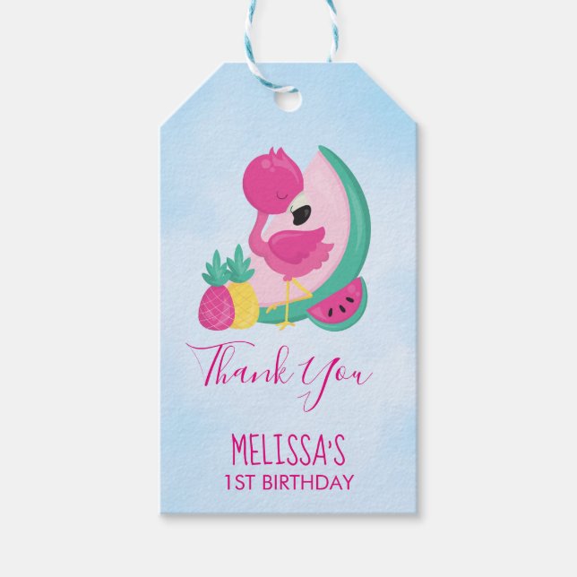 Etiqueta Para Presente Flamingo rosa com melancia e abacaxi (Frente)