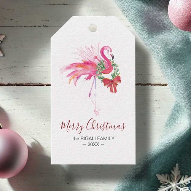 Etiqueta Para Presente Flamingo Rosa de Natal Férias (Pink flamingo Christmas tags feature watercolor tropical art by Victoria Grigaliunas Do Tell A Belle)