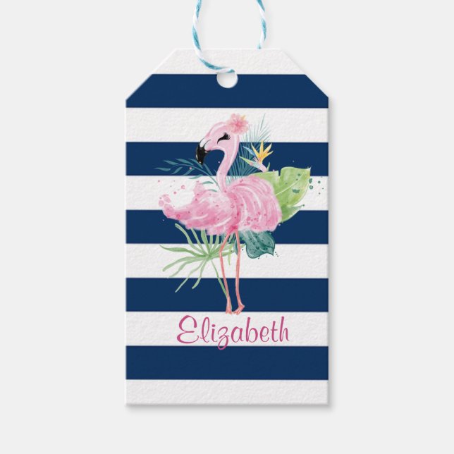 Etiqueta Para Presente Flamingos Rosa FofoFolha Tropical,Listrado   (Frente)