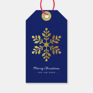 Etiqueta Para Presente Floco de neve Azul e Dourado de Natal divertido