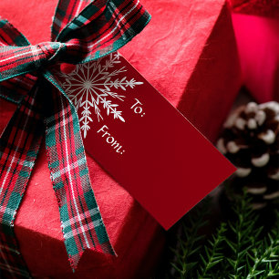 Etiqueta Para Presente Floco de neve branco no feriado vermelho do Natal