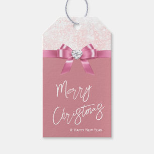 Etiqueta Para Presente Floco de Neve Natal Friso Rosa Fita Diamante