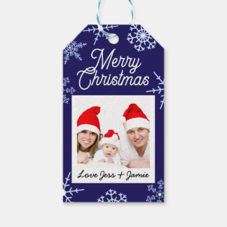 Etiqueta Para Presente Flocos de Neve de Natal com Foto Personalizada Azu