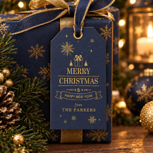 Etiqueta Para Presente Flocos de Neve Feliz Natal Azul Marinho Dourado ID