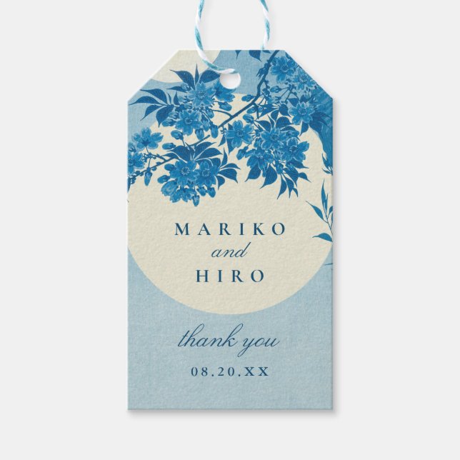Etiqueta Para Presente Flor Azul-Cereja Antiquado Japonês (Frente)