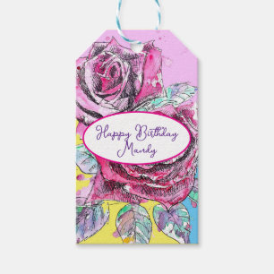 Etiqueta Para Presente Flor de Rosa rosa floral Aquarela Aniversário Mulh