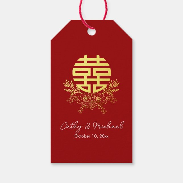 Etiqueta Para Presente Flor dupla felicidade círculo casamento chinês (Frente)