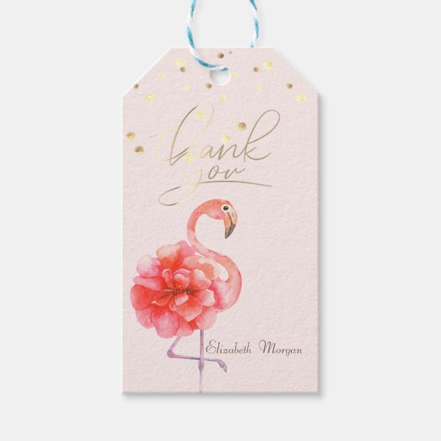 Etiqueta Para Presente Flor Flamingo Rosa, Confetti Dourado (Frente)