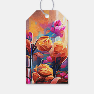 Etiqueta Para Presente Floral Abstrato Art Laranja Vermelho Azul Flores
