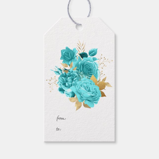 Etiqueta Para Presente Floral Aqua e Dourado (Frente)