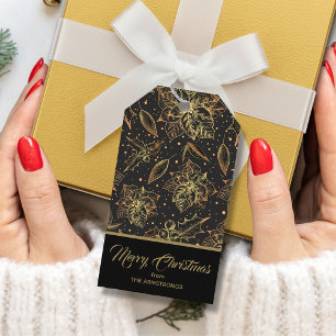 Etiqueta Para Presente Floral de Natal Dourado e Preto