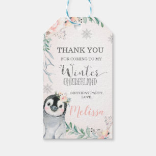 Etiqueta Para Presente Floral Silver Penguin Winter Onederland Birthday