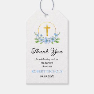 Etiqueta Para Presente Flores azuis e batismo dourado Obrigado