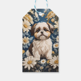 Etiqueta Para Presente Flores Brancas de Margarida Cachorros Shih Tzu