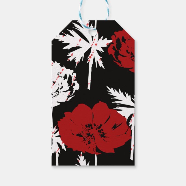 Etiqueta Para Presente Flores brancas e vermelhas em preto (Frente)