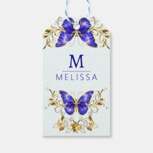 Etiqueta Para Presente Flores de Ouro chic e borboletas azuis monogramada
