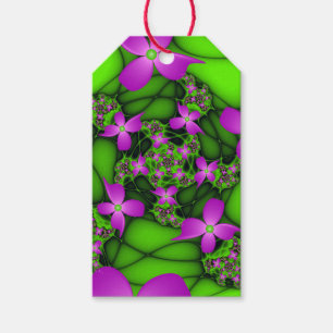 Etiqueta Para Presente Flores Fractais Abstratas Modernas Rosa Verde Neon