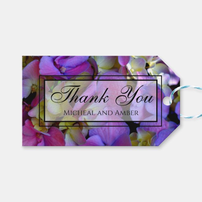 Etiqueta Para Presente Flores magenta púrpura amarelas Hydrangas (Frente (horizontal))